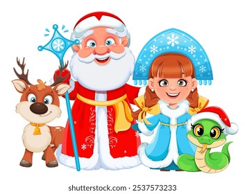 Feliz año Nuevo y felices Navidades. Padre ruso Frost (Papá Noel), Snegurochka (Doncella de Nieve), ciervo y serpiente