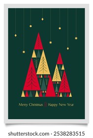 Happy New Year and Merry Christmas Greeting Card. Elegant geometric minimalist style. Decoration and Xmas tree element. Winter cover, invitation card, poster design. Modern flat vector illustration.  
