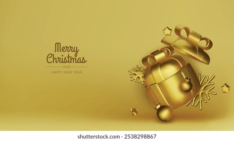 Happy New Year and Merry Christmas. Christmas holiday background with realistic 3d objects, Gift boxes, Christmas balls, snowflakes, conical metal stars.