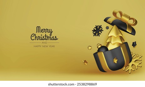 Happy New Year and Merry Christmas. Christmas holiday background with realistic 3d objects, gold and black bauble balls, conical metal stars, gift. Levitation falling design composition.