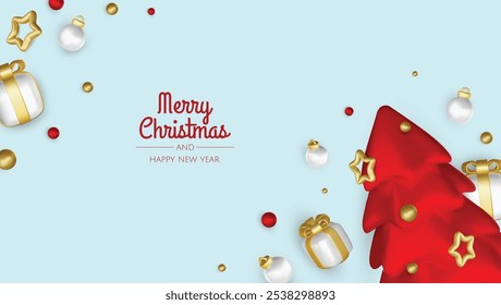 Happy New Year and Merry Christmas. Christmas holiday background with realistic 3d objects,gold and red bauble balls, conical metal stars, gift. Levitation falling design composition.