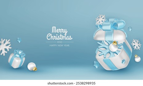 Happy New Year and Merry Christmas. Christmas holiday background with realistic 3d objects, blue and white bauble balls, conical metal stars, gift. Levitation falling design composition.