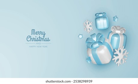 Happy New Year and Merry Christmas. Christmas holiday background with realistic 3d objects, blue and white bauble balls, conical metal stars, gift. Levitation falling design composition.