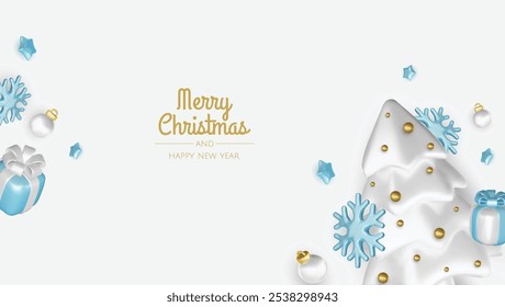 Happy New Year and Merry Christmas. Christmas holiday background with realistic 3d objects, blue and white bauble balls, conical metal stars, gift. Levitation falling design composition.