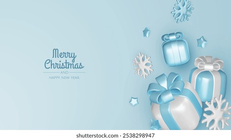 Happy New Year and Merry Christmas. Christmas holiday background with realistic 3d objects, Gift boxes, Christmas balls, snowflakes, conical metal stars.