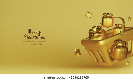 Happy New Year and Merry Christmas 2025. Christmas tree, Gift boxes, Christmas balls. Greeting card. Vector 3d rendering.