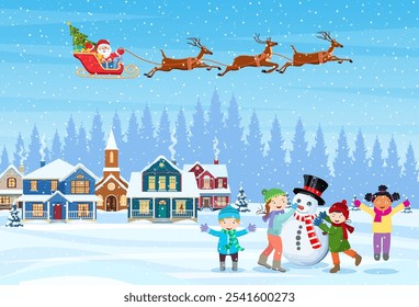 happy new year and merry Christmas greeting card. Christmas landscape. Children building snowman. Winter holidays. Santa Claus with deers in sky. Vector illustration in flat style