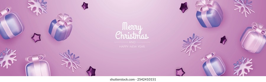 Happy New Year and Merry Christmas 2025. Christmas tree, Gift boxes, Christmas balls. Greeting card. Vector 3d rendering.