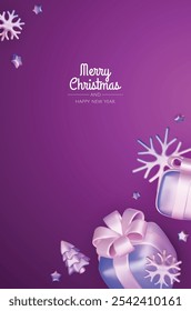 Happy New Year and Merry Christmas. Christmas holiday background with realistic 3d objects, violet and white bauble balls, conical metal stars, gift. Levitation falling design composition.