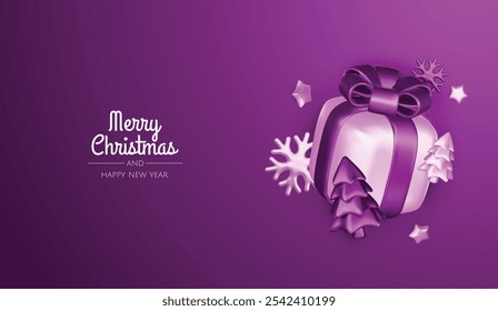 Happy New Year and Merry Christmas. Christmas holiday background with realistic 3d objects, violet bauble balls, conical metal stars, gift. Levitation falling design composition.