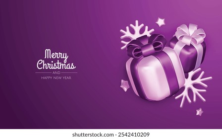 Happy New Year and Merry Christmas. Christmas holiday background with realistic 3d objects,gold and red bauble balls, conical metal stars. Levitation falling design composition.