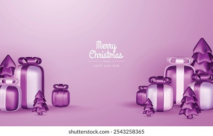 Happy New Year and Merry Christmas. Christmas holiday background with realistic 3d objects, violet and white bauble balls, conical metal stars, gift. Levitation falling design composition.