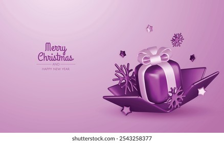 Happy New Year and Merry Christmas. Christmas holiday background with realistic 3d objects, violet and white bauble balls, conical metal stars, gift. Levitation falling design composition.