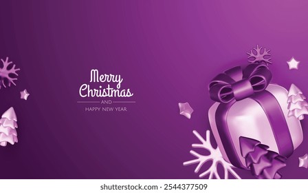 Happy New Year and Merry Christmas. Christmas holiday background with realistic 3d objects, violet bauble balls, conical metal stars, gift. Levitation falling design composition.
