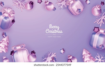 Happy New Year and Merry Christmas. Christmas holiday background with realistic 3d objects, violet and white bauble balls, conical metal stars, gift. Levitation falling design composition.