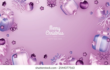 Feliz Ano Novo e Feliz Natal. Natal fundo de férias com objetos 3d realistas, bolas violeta e branco bauble, estrelas de metal cônicas, presente. Composição de projeto em queda de levitação.