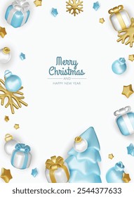 Happy New Year and Merry Christmas. Christmas holiday background with realistic 3d objects,gold and blue bauble balls, conical metal stars. Levitation falling design composition.