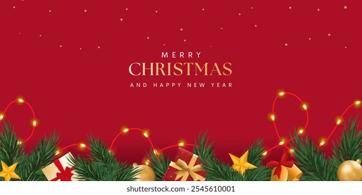 Happy New Year and Merry Christmas. Christmas holiday background with realistic 3d objects, gift box, balls, conical metal stars, gift. christmas lead design composition.