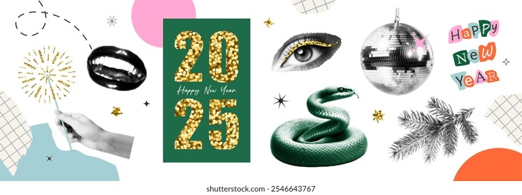 Feliz año Nuevo y felices Navidades. Conjunto de Vector con Elementos semitono de moda y brillo dorado para el diseño de collages, Anuncios retro y carteles vintage.