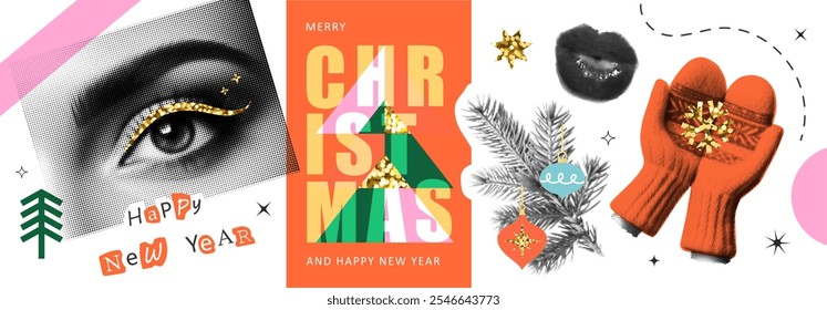 Happy New Year and Merry Christmas. Vector set with trendy halftone elements and gold glitter for collages design, retro banners and vintage posters.