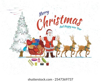 Happy New Year and Merry Christmas Artwork with Santa and Reindeer