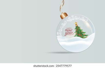 Happy New Year Merry Christmas Winter Snow Glass Ball With Blank Text Space