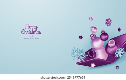 Happy New Year and Merry Christmas. Christmas holiday background with realistic 3d objects, violet and white bauble balls, conical metal stars, gift. Levitation falling design composition.
