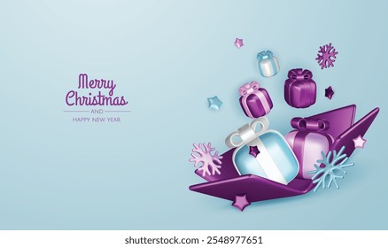 Happy New Year and Merry Christmas. Christmas holiday background with realistic 3d objects, violet and white bauble balls, conical metal stars, gift. Levitation falling design composition.