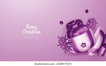 Happy New Year and Merry Christmas. Christmas holiday background with realistic 3d objects, violet and white bauble balls, conical metal stars, gift. Levitation falling design composition.
