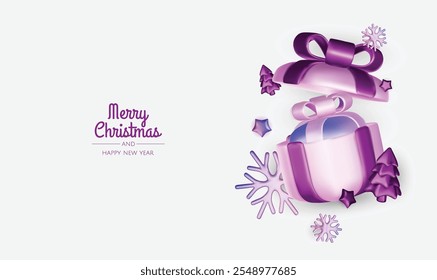 Happy New Year and Merry Christmas. Christmas holiday background with realistic 3d objects, violet and white bauble balls, conical metal stars, gift. Levitation falling design composition.
