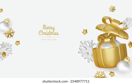 Happy New Year and Merry Christmas. Christmas holiday background with realistic 3d objects, bauble balls, conical metal stars. Levitation falling design composition.