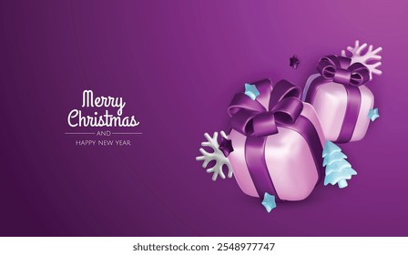Happy New Year and Merry Christmas. Christmas holiday background with realistic 3d objects, violet and white bauble balls, conical metal stars, gift. Levitation falling design composition.