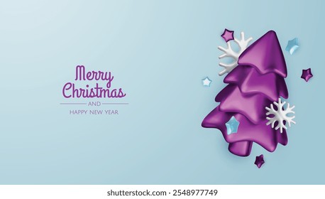 Happy New Year and Merry Christmas. Christmas holiday background with realistic 3d objects, violet and white bauble balls, conical metal stars, gift. Levitation falling design composition.