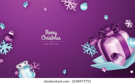 Happy New Year and Merry Christmas. Christmas holiday background with realistic 3d objects, bauble balls, conical metal stars. Levitation falling design composition.