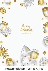 Happy New Year and Merry Christmas. Christmas holiday background with realistic 3d objects,gold and blue bauble balls, conical metal stars. Levitation falling design composition.