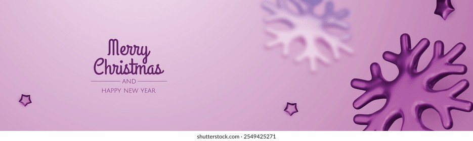 Happy New Year and Merry Christmas. Christmas holiday background with realistic 3d objects, violet and white bauble balls, conical metal stars, gift. Levitation falling design composition.