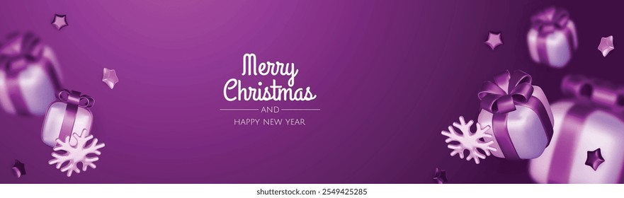 Happy New Year and Merry Christmas. Christmas holiday background with realistic 3d objects, violet and white bauble balls, conical metal stars, gift. Levitation falling design composition.