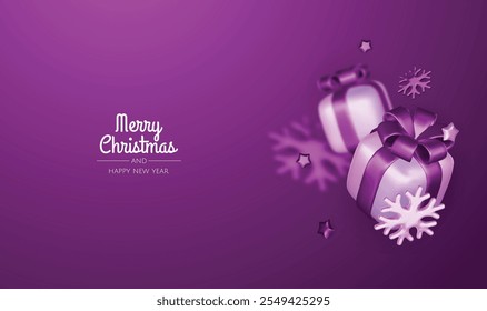 Happy New Year and Merry Christmas. Christmas holiday background with realistic 3d objects, violet and white bauble balls, conical metal stars, gift. Levitation falling design composition.