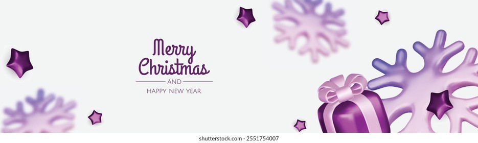 Happy New Year and Merry Christmas. Christmas holiday background with realistic 3d objects, violet and white bauble balls, conical metal stars, gift. Levitation falling design composition.