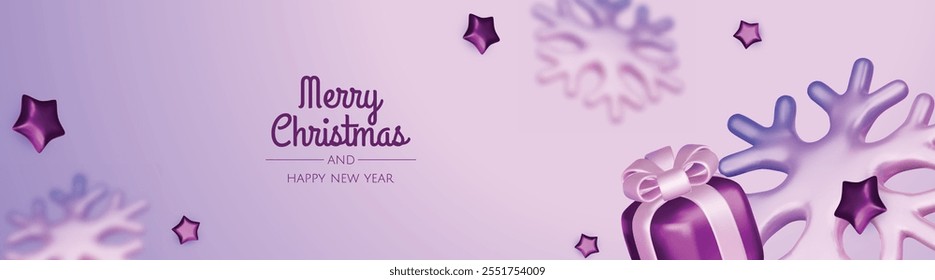 Happy New Year and Merry Christmas. Christmas holiday background with realistic 3d objects, violet and white bauble balls, conical metal stars, gift. Levitation falling design composition.
