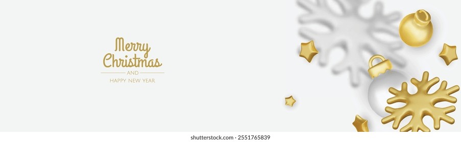 Happy New Year and Merry Christmas. Christmas holiday background with realistic 3d objects, gold and white bauble balls, conical metal stars, gift. Levitation falling design composition.