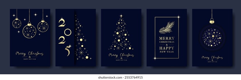 Happy New Year, Merry Christmas Traditional corporate Holiday Blue Cards. Modern Elegant Gold Poster Template set with Christmas tree, star, snowflake, copy space, ball, glow. Vector Design Concept.