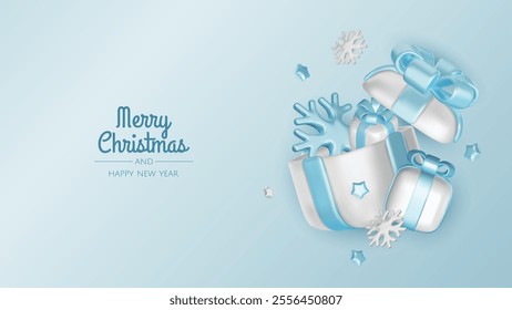 Happy New Year and Merry Christmas. Christmas holiday background with realistic 3d objects, blue and white bauble balls, conical metal stars, gift. Levitation falling design composition.