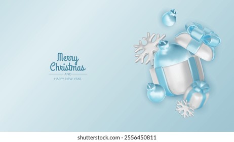 Happy New Year and Merry Christmas. Christmas holiday background with realistic 3d objects, blue and white bauble balls, conical metal stars, gift. Levitation falling design composition.