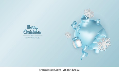 Happy New Year and Merry Christmas. Christmas holiday background with realistic 3d objects, blue and white bauble balls, conical metal stars, gift. Levitation falling design composition.