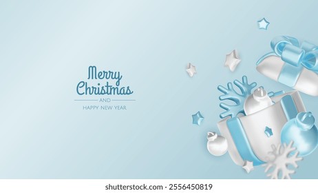 Happy New Year and Merry Christmas. Christmas holiday background with realistic 3d objects, blue and white bauble balls, conical metal stars, gift. Levitation falling design composition.