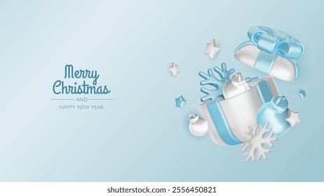 Happy New Year and Merry Christmas. Christmas holiday background with realistic 3d objects, bauble balls, conical metal stars. Levitation falling design composition.