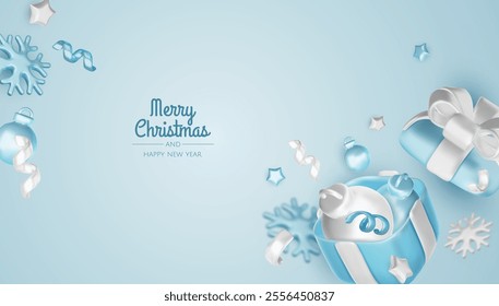 Happy New Year and Merry Christmas. Christmas holiday background with realistic 3d objects, blue and white bauble balls, conical metal stars, gift. Levitation falling design composition.