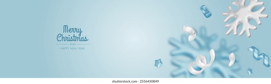 Happy New Year and Merry Christmas. Christmas holiday background with realistic 3d objects, bauble balls, conical metal stars. Levitation falling design composition.