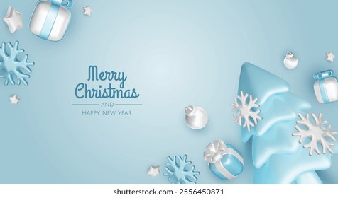 Happy New Year and Merry Christmas. Christmas holiday background with realistic 3d objects, bauble balls, conical metal stars. Levitation falling design composition.